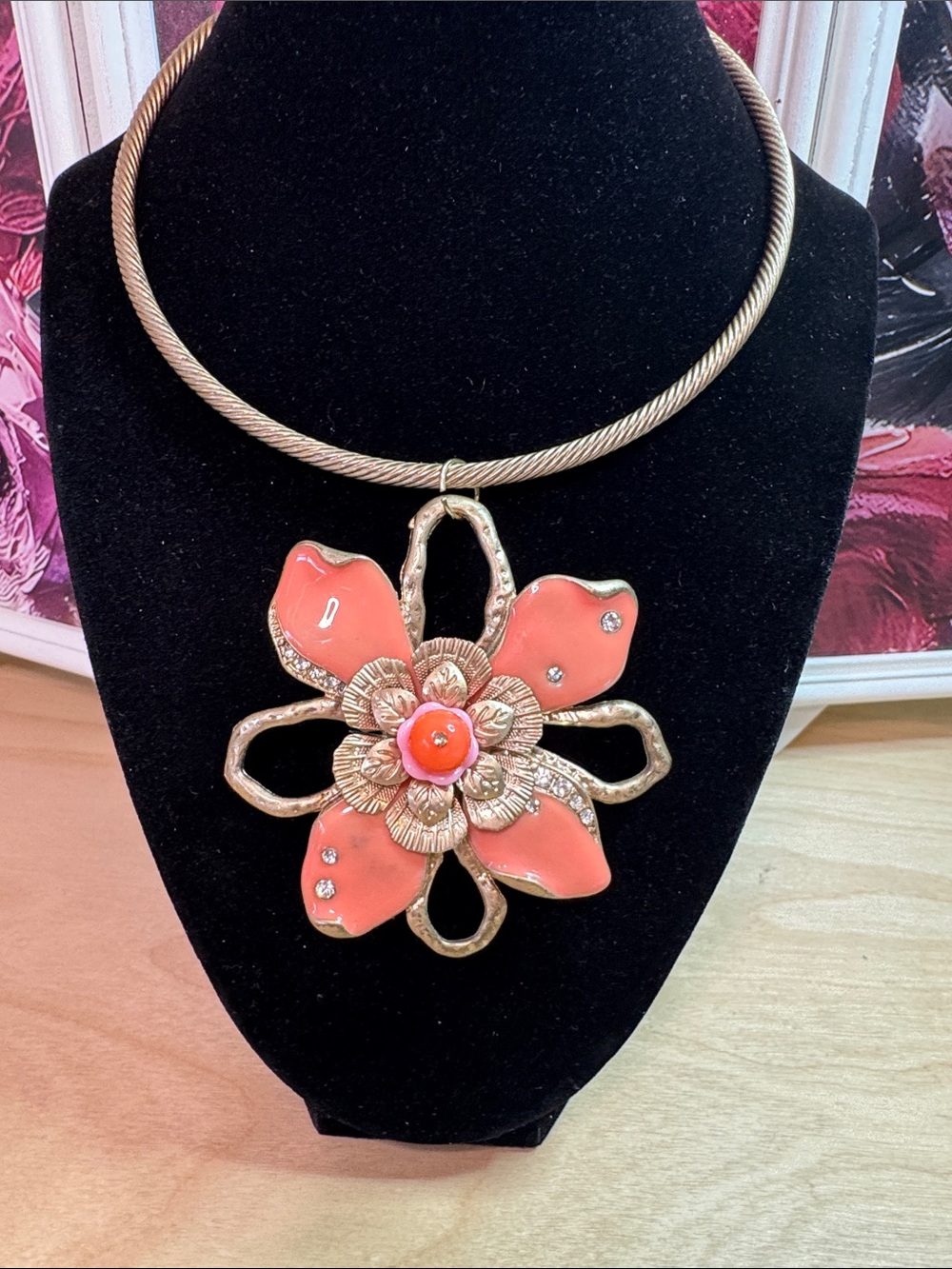 Large coral pink colored enamel flower pendant w/crystal accent collar necklace